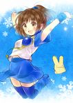  :d arle_nadja arms_up bad_id bad_pixiv_id blue_background blue_legwear blue_skirt boots brown_eyes brown_hair carbuncle_(puyopuyo) creature full_body half_updo hanekoto jumping knee_boots madou_monogatari open_mouth puyopuyo shirt short_hair skirt smile snowflakes thighhighs wrist_cuffs zettai_ryouiki 