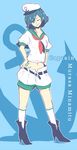  anchor anchor_symbol ascot black_hair boots green_eyes hands_on_hips hat kotaro-nosuke murasa_minamitsu one_eye_closed sailor sailor_collar sailor_hat short_hair short_sleeves shorts smile solo tattoo touhou unbuckled_belt unbuttoned white_legwear 