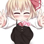  blonde_hair blush carry_me closed_eyes dress hair_ribbon incoming_kiss outstretched_arms razy_(skuroko) ribbon rumia short_hair smile solo touhou 