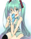  bad_id bad_pixiv_id green_eyes green_hair hatsune_miku long_hair mouth_hold necktie no_pants open_clothes open_shirt panties shirt smile solo striped striped_panties thighhighs twintails underwear very_long_hair vocaloid yumemomosaka 