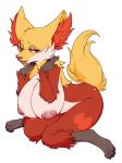 2018 anthro big_breasts blush breasts bugchomps canine delphox female fur inner_ear_fluff kneeling mammal nintendo nipples pok&eacute;mon pok&eacute;mon_(species) red_fur simple_background smile solo teeth thick_thighs video_games white_background yellow_fur 