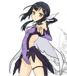  black_hair breasts brown_eyes cameltoe covered_nipples fate/kaleid_liner_prisma_illya fate_(series) hair_ornament hair_ribbon hairclip leotard long_hair magical_girl miyu_edelfelt ponytail purple_leotard ribbon small_breasts smile solo wantsupanchi!! 