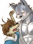  anthro canine clothing dog duo father_and_son hair male mammal morenatsu muscles pecs robe scar shirako shun simple_background size_difference ten_kodori wolf 