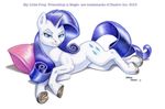  baron_engel blue_eyes cutie_mark english_text equine female feral friendship_is_magic fur hair horn horse looking_at_viewer lying mammal my_little_pony on_side pillow plain_background pony purple_hair rarity_(mlp) solo text unicorn white_background white_fur 