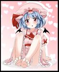  ascot barefoot bat_wings blue_hair feet frame gradient gradient_background hat hat_ribbon heart highres looking_at_viewer noa_(nagareboshi) open_mouth pink_hair pink_skirt puffy_sleeves remilia_scarlet ribbon short_sleeves sitting skirt solo toes touhou wings 