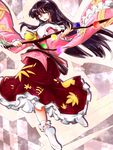  black_eyes black_hair branch dress highres houraisan_kaguya japanese_clothes jeweled_branch_of_hourai kamagen long_hair open_mouth smile socks solo touhou 