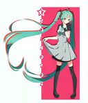  2013 bad_id bad_pixiv_id boots dated dress green_eyes green_hair hatsune_miku long_hair necktie pigeon-toed skirt_hold solo thigh_boots thighhighs twintails very_long_hair vocaloid yuemoe 