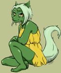  dress female fleufy fur green_fur hair invalid_color mammal short-hair short_hair sitting solo wolf yellow-dress yellow-eyes yellow_dress yellow_eyes 