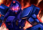  fire glowing glowing_eyes gundam gundam_side_story:_the_blue_destiny mecha megane_man no_humans solo 