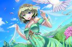  akiyasu bird blue_eyes blush cloud collarbone day flower frills grass green_eyes green_hair hair_ornament heterochromia idolmaster idolmaster_cinderella_girls mole mole_under_eye open_mouth petals puffy_sleeves see-through short_sleeves sky solo takagaki_kaede tree 