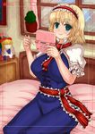  alice_margatroid bed blonde_hair blue_eyes breasts capelet doll dress hairband handheld_game_console highres large_breasts n_(dai_n_honpo) nintendo_ds recording ribbon sash shanghai_doll short_hair sitting smile touhou window 