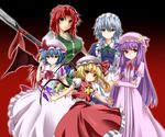  apron bat_wings blonde_hair blue_eyes blue_hair braid crescent crossed_arms dress flandre_scarlet flat_chest hat hat_ribbon height_difference highres hong_meiling izayoi_sakuya long_dress long_hair maid_headdress messy_hair mob_cap multiple_girls no_hat no_headwear patchouli_knowledge polearm purple_eyes purple_hair red_eyes red_hair remilia_scarlet ribbon short_hair side_ponytail silver_hair spear touhou twin_braids waist_apron weapon wings yagami_(mukage) 