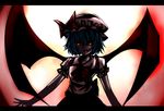  bat_wings blue_eyes bow dress glowing glowing_eyes hat hat_bow highres letterboxed moon red_eyes red_moon remilia_scarlet shade shaded_face solo touhou wings yagami_(mukage) 