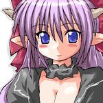  blue_eyes blush breasts cleavage gomamiso_(gomamiso_sp) horns long_hair looking_at_viewer lowres ma_ga_ochiru_yoru medium_breasts oekaki outline pointy_ears purple_hair sheliss_elleness_zurbach simple_background smile solo upper_body white_background 