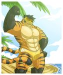  abs anthro beach biceps big_muscles black_fur black_hair black_nose body_markings chest_tuft eyewear fangs feline flexing fur goggles grin hair looking_at_viewer male mammal markings muscles open_mouth orange_fur pecs pose rikitsu sand sea seaside smile solo speedo standing stripes swimsuit tan_fur teeth tiger toned tongue topless tuft water 