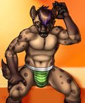  anthro balls biceps big_muscles bulge canine clothing fur hyena jarlarild kelkko male mammal muscles one_eye_closed pecs solo spotted_hyena topless underwear vallhund 