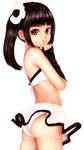  arm_warmers ass bare_shoulders bikini_top black_hair brown_eyes hand_to_own_mouth midriff original panties popopon side_ponytail simple_background skirt sleeves_past_wrists solo underwear white_background white_panties 