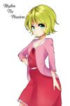  blonde_hair charlie_vergier copyright_name dress english eyelashes green_eyes hand_on_hip jacket looking_at_viewer niita_(pome) pouty_lips red_dress rhythm_thief short_hair simple_background solo standing white_background 