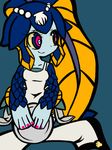  1girl apron blue_eyes blue_skin female fish_girl mikudrop minette_(skullgirls) monster_girl multicolored_eyes pink_eyes platter shell skullgirls smile solo tray yellow_sclera 