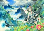  animal_on_arm bird bird_on_arm black_hair black_wings camellia camera cloud cloudy_sky crow day flower fog forest graphite_(medium) hat landscape looking_away mononofu7 mountain nature open_mouth pine_tree red_eyes scenery shameimaru_aya short_hair skirt sky smile solo tokin_hat touhou traditional_media tree watercolor_(medium) wings youkai_mountain 
