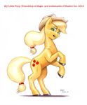  applejack_(mlp) baron_engel blonde_hair cowboy_hat cutie_mark english_text equine female feral freckles friendship_is_magic fur green_eyes hair hat horse looking_at_viewer mammal my_little_pony orange_fur pony solo text white_back 