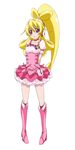  aida_mana blonde_hair boots bow choker collarbone color_connection cosplay cure_heart cure_peach cure_peach_(cosplay) dokidoki!_precure dress fresh_precure! half_updo highres knee_boots long_hair magical_girl nanashishi pink_bow pink_choker pink_eyes pink_footwear ponytail precure solo 