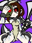  1girl blade brown_hair carol_(skullgirls) collar cuffs female mask mikudrop nail painwheel_(skullgirls) pale_skin red_eyes removing_mask scar shackles skullgirls solo stitches veins weapon 