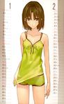  1girl absurdres bare_shoulders blush breasts brown_eyes brown_hair calendar highres kara_no_kyoukai legs looking_at_viewer morii_shizuki ryougi_shiki serious short_hair simple_background small_breasts solo standing thighs type-moon underwear 