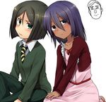  1girl assassin_(fate/zero) bangs black_eyes black_hair casual child_assassin_(fate/zero) dark_skin fate/zero fate_(series) green_eyes marimo_danshaku parted_bangs purple_hair waver_velvet 