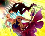  blonde_hair brown_hair chain earrings enkidu_(weapon) fate/extra fate/extra_ccc fate_(series) gilgamesh jewelry kishinami_hakuno_(male) male_focus momoayamo multiple_boys school_uniform shirtless tattoo 