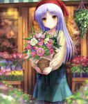  angel_beats! apron awning bandana bangs basket blurry blurry_background blush bouquet carrying casual closed_mouth cowboy_shot cropped eyebrows_visible_through_hair florist flower flower_shop goto_p hanging_plant highres long_hair long_sleeves outdoors plaid plant potted_plant shop silver_hair smile solo standing striped tenshi_(angel_beats!) yellow_eyes 