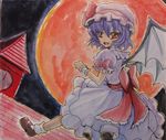  bat_wings blue_hair bow dress fang hat hat_bow loafers loose_socks moon red_eyes red_moon remilia_scarlet sash scan shoes short_hair smile socks solo touhou traditional_media watercolor_pencil_(medium) wings wristband yagami_(mukage) 