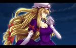  blonde_hair bow breasts cleavage dress elbow_gloves fan folding_fan gloves hair_bow hat hat_ribbon large_breasts letterboxed lips long_hair ribbon slender_waist solo touhou very_long_hair white_gloves yagami_(mukage) yakumo_yukari yellow_eyes 