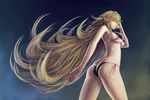  bikini blonde_hair breasts commentary_request hair_ribbon highres kiss-shot_acerola-orion_heart-under-blade kizumonogatari long_hair looking_at_viewer medium_breasts monogatari_(series) nakacha pointy_ears ribbon side-tie_bikini solo swimsuit transparent underboob very_long_hair yellow_eyes 