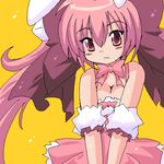  animal_ears bare_shoulders blush_stickers bow breasts bunny_ears choker cleavage di_gi_charat dice gomamiso_(gomamiso_sp) hair_bow long_hair lowres medium_breasts oekaki orange_background pink_eyes pink_hair ribbon ribbon_choker simple_background solo twintails usada_hikaru v_arms very_long_hair wavy_mouth yellow_background 