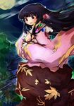  absurdres black_eyes black_hair branch cloud dress highres hime_cut houraisan_kaguya japanese_clothes jeweled_branch_of_hourai kamagen long_hair moon night open_mouth smile solo touhou water 