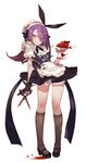  apron black_legwear blood bloomers bow full_body green_eyes gwayo hair_between_eyes hair_bow heart_(organ) highres holding kneehighs long_hair looking_at_viewer looking_away maid_apron maid_headdress mary_janes plate purple_hair ribbon scissors shoes simple_background smile solo stacia_(unlight) underwear unlight white_background 