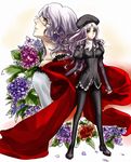  caren_hortensia claudia_hortensia eyepatch fate/hollow_ataraxia fate/zero fate_(series) flower frown hat highres hydrangea layered_sleeves long_hair migillu mother_and_daughter multiple_girls pantyhose shroud_of_magdalene thighhighs thighhighs_over_pantyhose white_hair yellow_eyes 