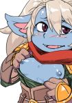  blue_skin blush breasts fangs fluffy_ears gloves hair_between_eyes league_of_legends looking_at_viewer medium_breasts nipples open_clothes open_mouth pointy_ears poppy purple_eyes silver_hair simple_background smile solo tongue twintails upper_body white_background yordle zei-minarai 