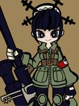  1girl black_hair bun_cover female gun hair_bun juju_(skullgirls) knee_pads kneepads looking_at_viewer mikudrop military military_uniform rifle short_hair skullgirls smile solo uniform weapon 