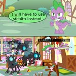  black_body blue_eyes changeling comic cupcake dialog dragon dragonmorpheus english_text feral friendship_is_magic green_eyes group inside male messy my_little_pony purple_body scalie spike_(mlp) text wings yell 