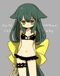  arms_behind_back bare_shoulders bikini black_bikini bow copyright_name frilled_bikini frills gatchaman_crowds green_hair groin hair_bow large_bow leg_garter long_hair navel ribbon solo swimsuit utsutsu very_long_hair yellow_eyes yukke 