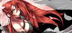  beancurd breasts chinese_commentary cleavage commentary_request expressionless green_eyes katarina_du_couteau kunai large_breasts league_of_legends long_hair looking_at_viewer mouth_hold red_hair scarf see-through see-through_silhouette slit_pupils solo veil very_long_hair weapon wind wind_lift 