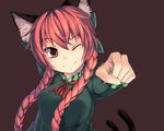  463_jun animal_ears bow braid cat_ears cat_tail clenched_hand hair_bow highres kaenbyou_rin long_hair multiple_tails one_eye_closed red_eyes red_hair smile solo tail touhou twin_braids twintails 