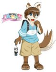  backpack big_eyes blue_eyes brown_fur brown_hair canine clothing cute dog fur hair husky keychain kouya_aotsuki mammal morenatsu plain_background plantigrade sandals shirt shoes shorts shun simple_background standing white_background wolf 