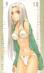  1girl absurdres bra breasts calendar cleavage fate/zero fate_(series) highres irisviel_von_einzbern large_breasts legs long_hair looking_at_viewer morii_shizuki navel open_clothes open_shirt panties red_eyes shirt smile standing thighs type-moon underwear white_bra white_hair white_panties 