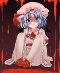  ascot barefoot bat_wings blood blood_on_face blood_splatter bloody_feet blue_hair crazy_eyes crazy_smile feet hat hat_ribbon highres looking_at_viewer noa_(nagareboshi) pink_hair pink_skirt puffy_sleeves remilia_scarlet ribbon shaded_face short_sleeves sitting skirt solo toes touhou wings 