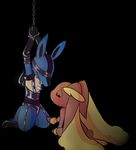  bdsm big_ears black_background blush bound chained kajiura lagomorph lopunny lucario mammal nintendo plain_background pok&#233;mon pok&eacute;mon rabbit red_eyes video_games 