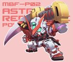  character_name chibi clenched_hand gundam gundam_astray_red_frame gundam_seed gundam_seed_astray huge_weapon katana king_of_unlucky mecha no_humans pink_background reflection simple_background solo sword weapon 