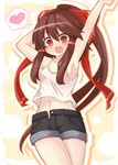  :d armpits arms_up blush bow brown_hair casual contemporary denim denim_shorts fang hair_bow hakurei_reimu heart kikiriri long_hair midriff navel open_mouth red_eyes shorts smile solo spaghetti_strap spoken_heart tank_top touhou unbuttoned 